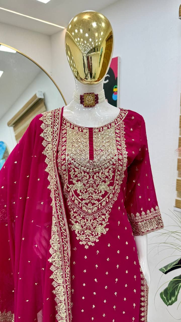 Attractive Rani Pink Colour Foux Georgette Fabric Kurti Plazzo Set