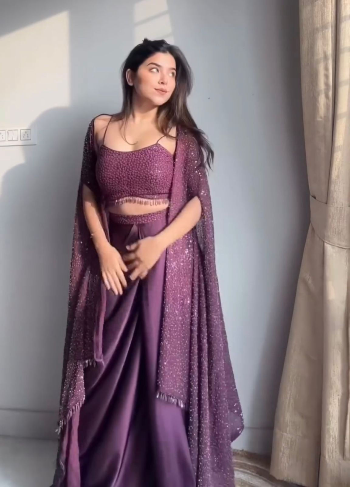 Purple Wine Western Rangoli Silk Draped Skirt With Shrug And Blouse For Girls