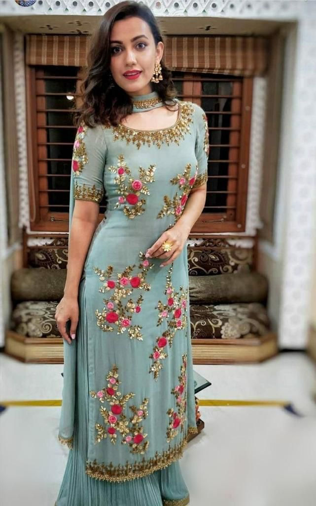 Designer Grey Colour Heavy Sequence Work Wedding Wear Kurti Plazzo Suit