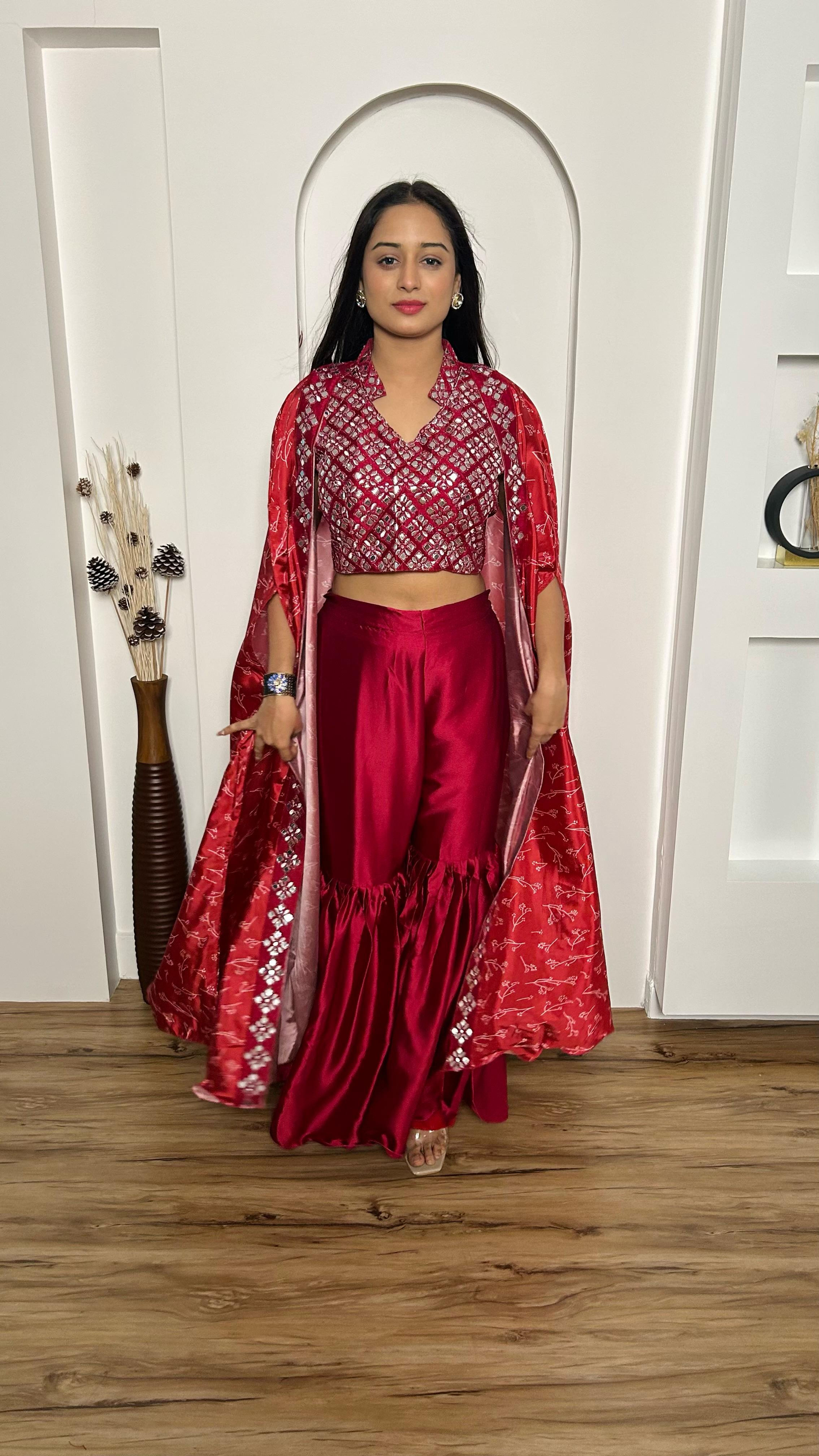 Red Colour Satin Silk Western Wear Sharara Suit With Shrug