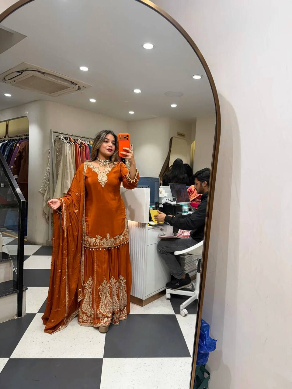 Classic Looking Orange Color Embroidery With Sequence Work Sharara Suit