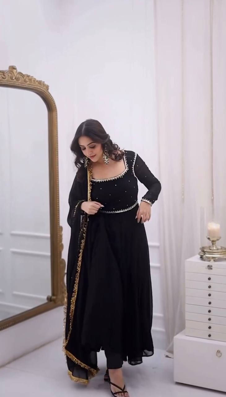 Black Color Designer Long Gown With Dupatta