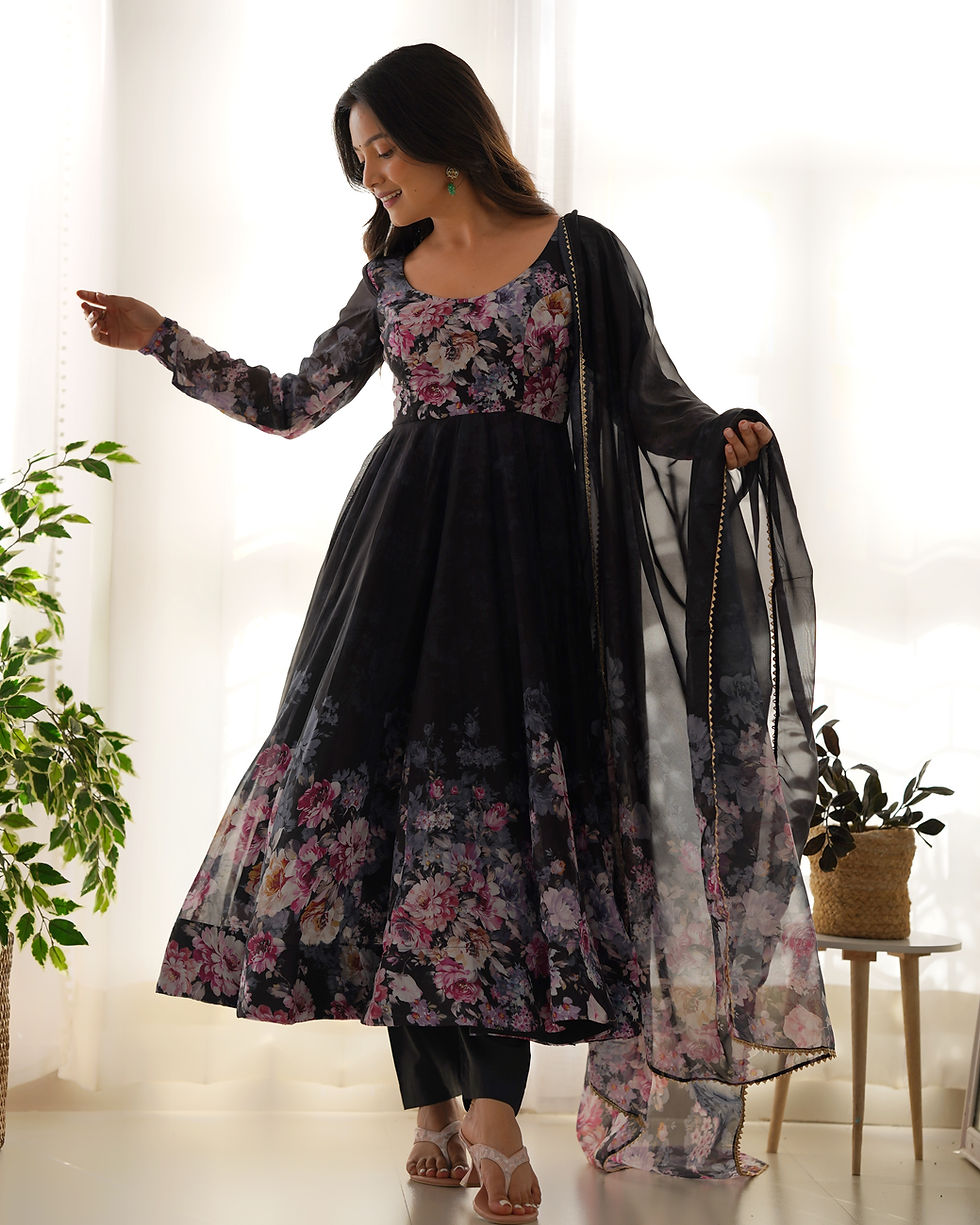 Heavy Pure Soft Organza Silk With Digital Flower Printed Black Color Anarkali