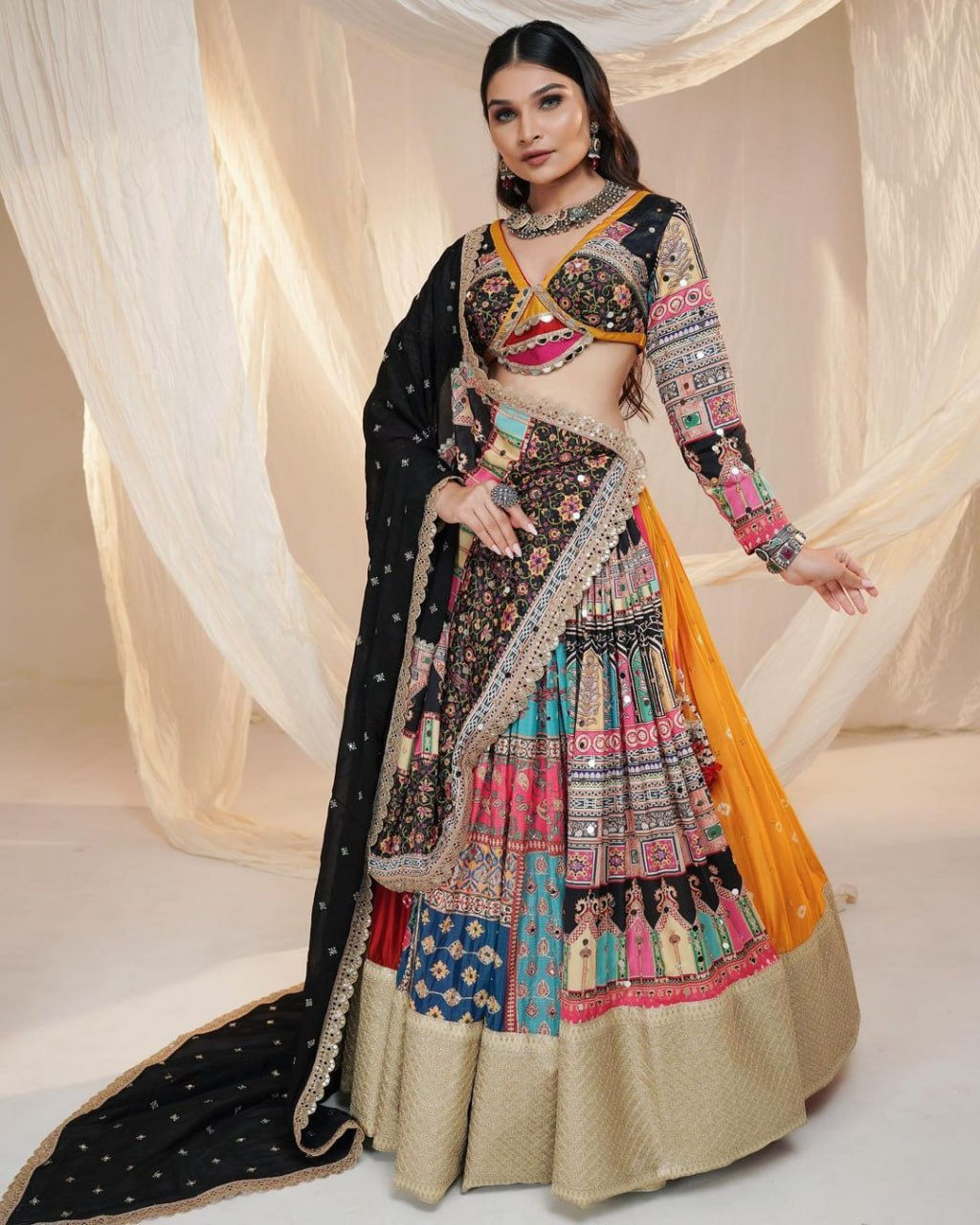 Stylish Mirror Work Navratri Wear Lehenga Choli