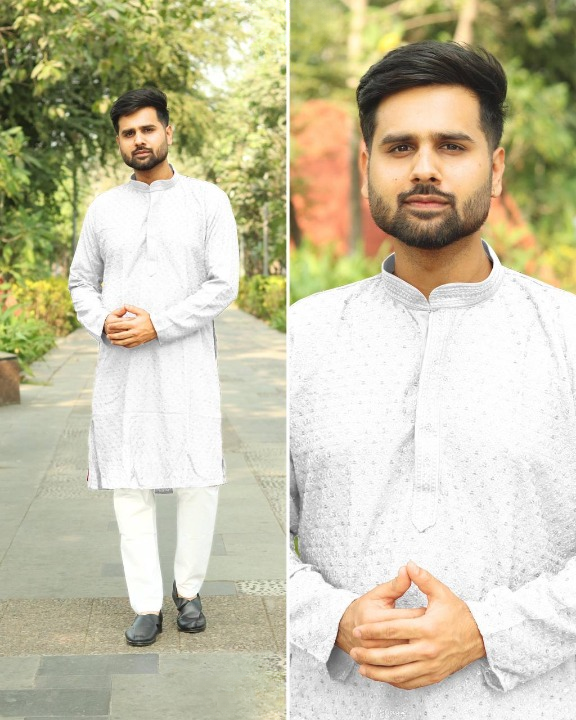 White Color Chikankari Men's Kurta And Pajama For Wedding