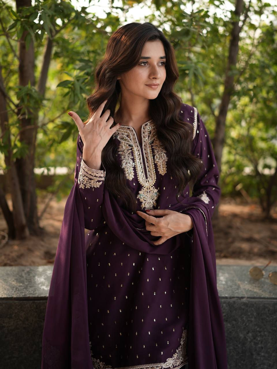 Thumbnail: Purple Color Georgette With Sequins And Thread Embroidered Work Kurti Plazoo Set