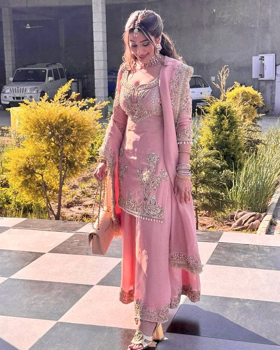 Thumbnail: Fancy Pink Colour Sequence With Embroidery Work Sharara Suit