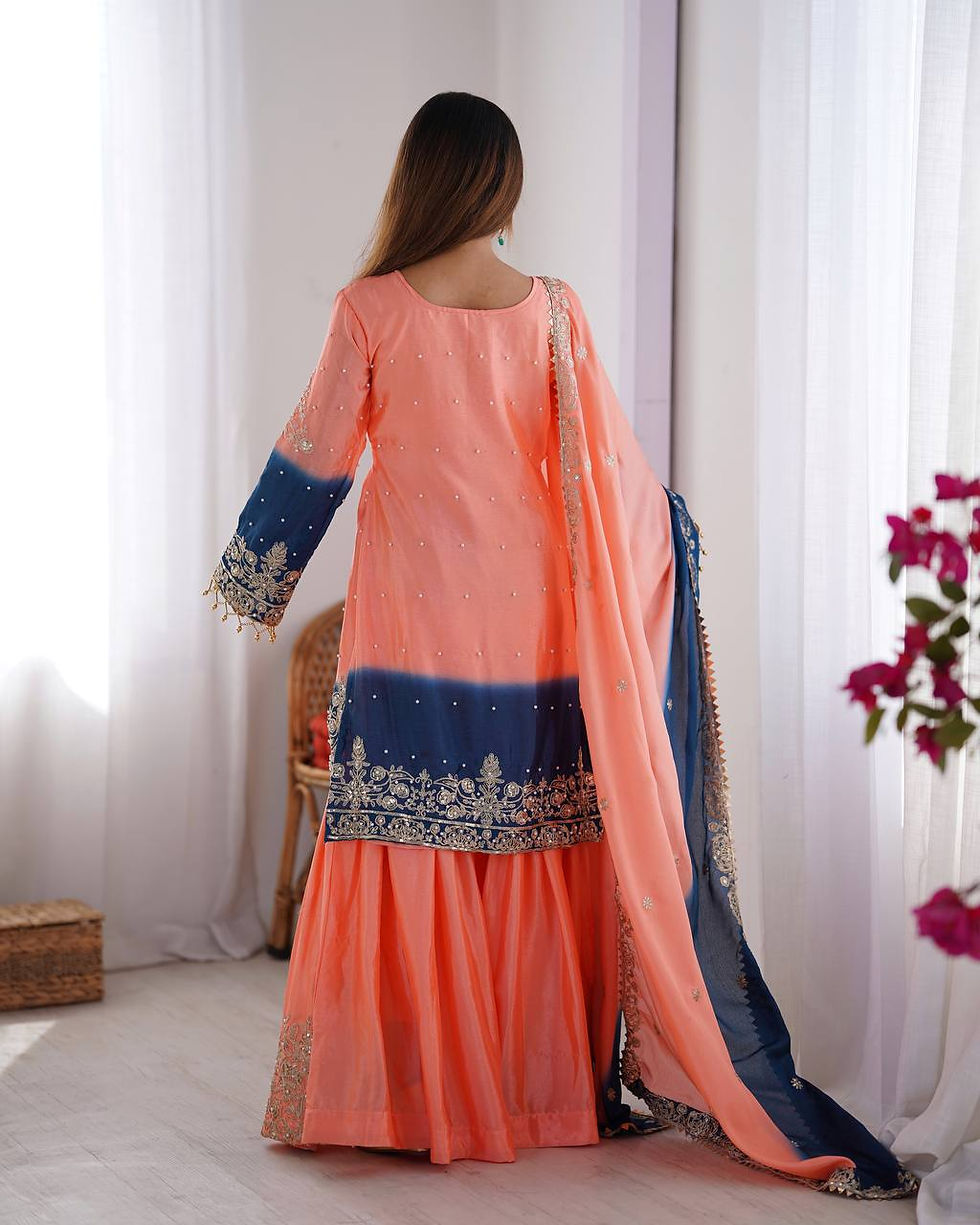 Peach & Blue Sharara Set