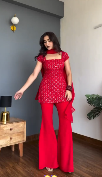Beautiful Red Color Boot Cut Pant With Top And Dupatta