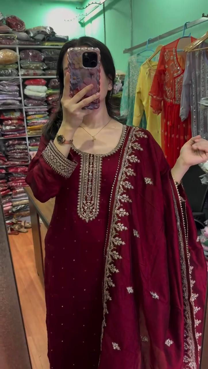 Attractive Maroon Colour Foux Gorgette Fabric Top With Plazzo