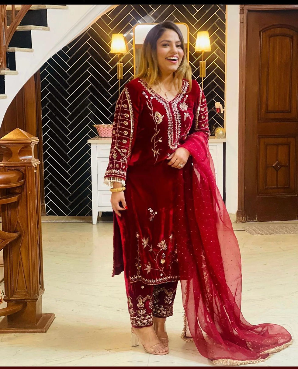 Maroon Colour Velvet Embroidery With Sequence Work Suit For Women