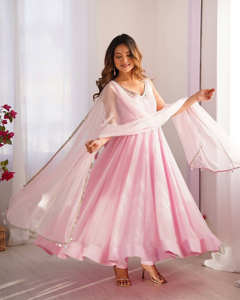 Thumbnail: Pretty Pink Colour Digital Printed Organza Long Dress