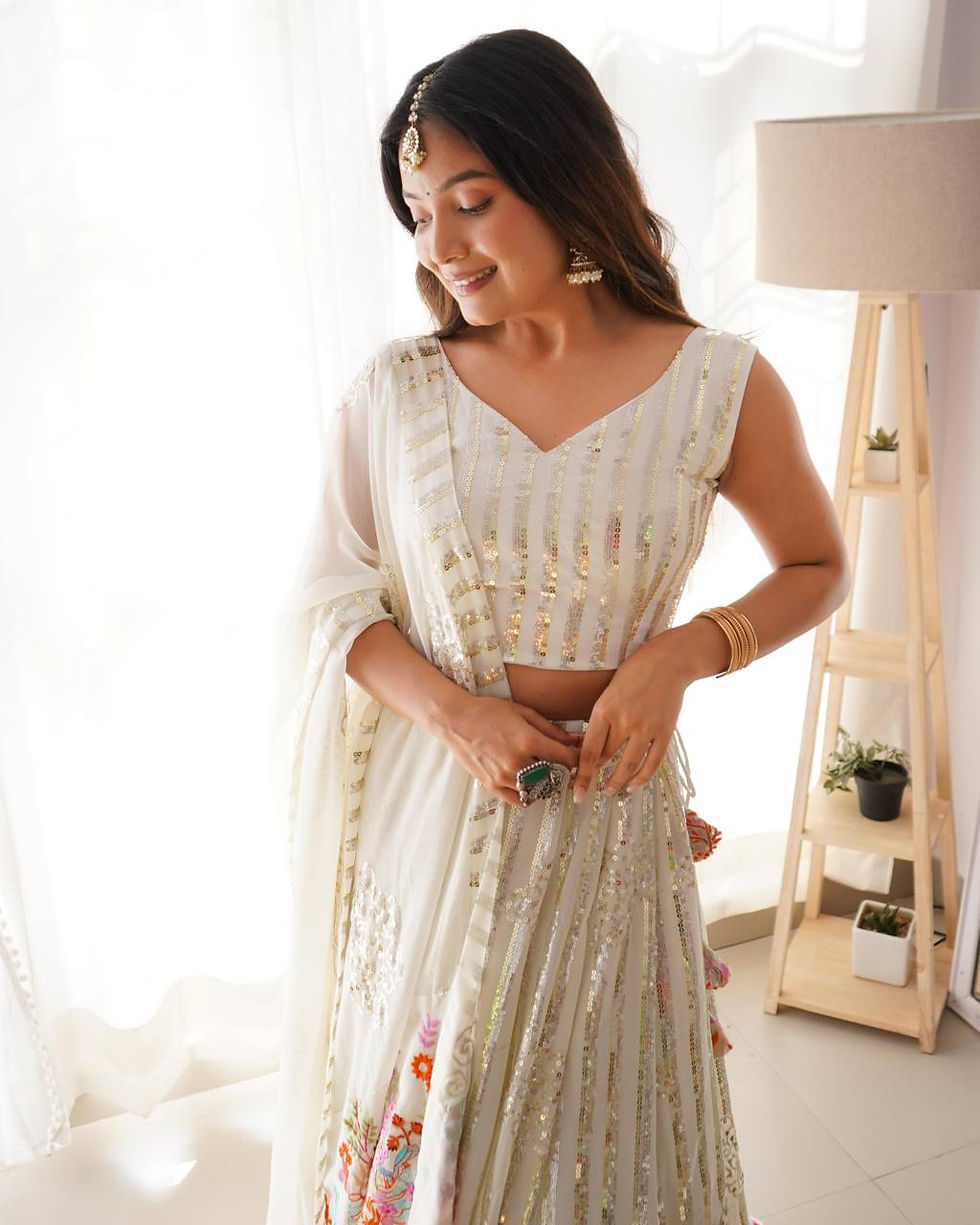 Thumbnail: Stunning White Colour Wedding Wear Sequence With Designer Wear Lehenga Choli