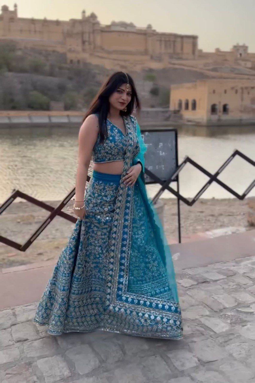 Sky Blue Colour Malbury Silk Wedding Wear Heavy Lehenga Choli
