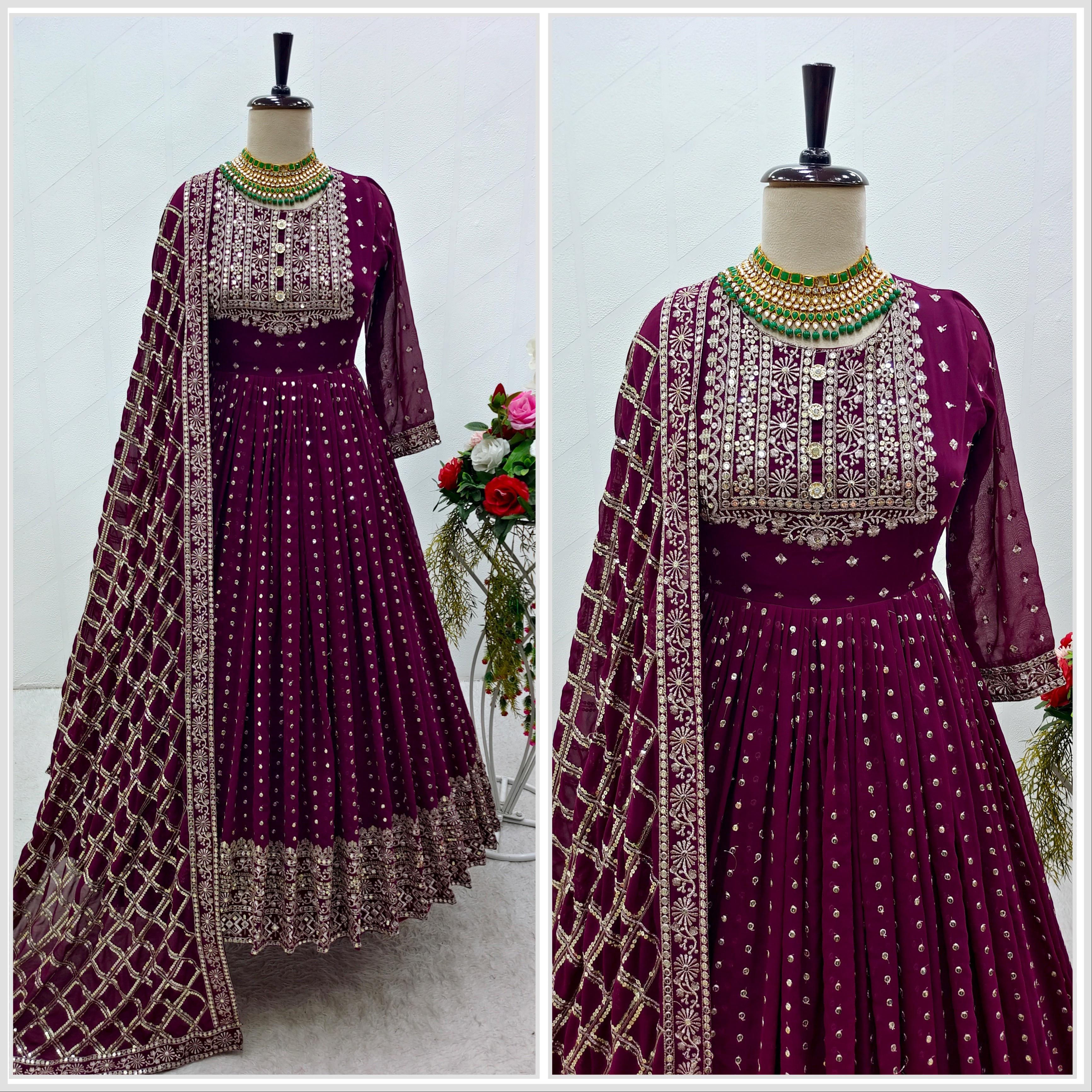 Exclusive Purple Colour Sequence Work Long Gown