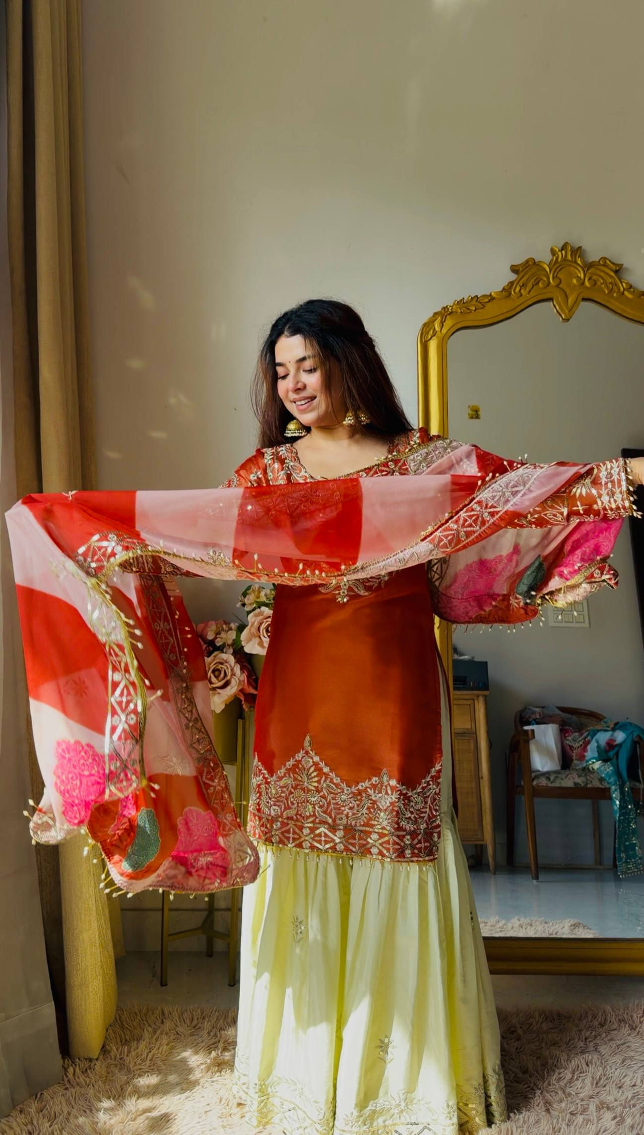 Classic Orange And Cream Color Embroidery With sequence Work Sharara Suit