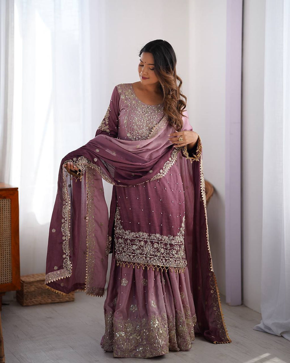 Purple Color Thread Work Sharara Suit