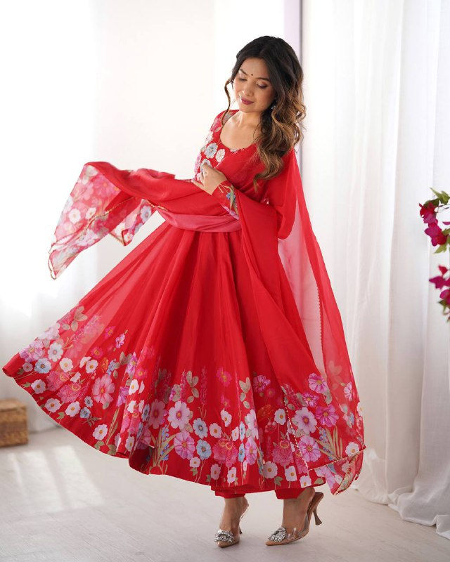 Red Color With Digital Flower Printed Long Anarkali Suit
