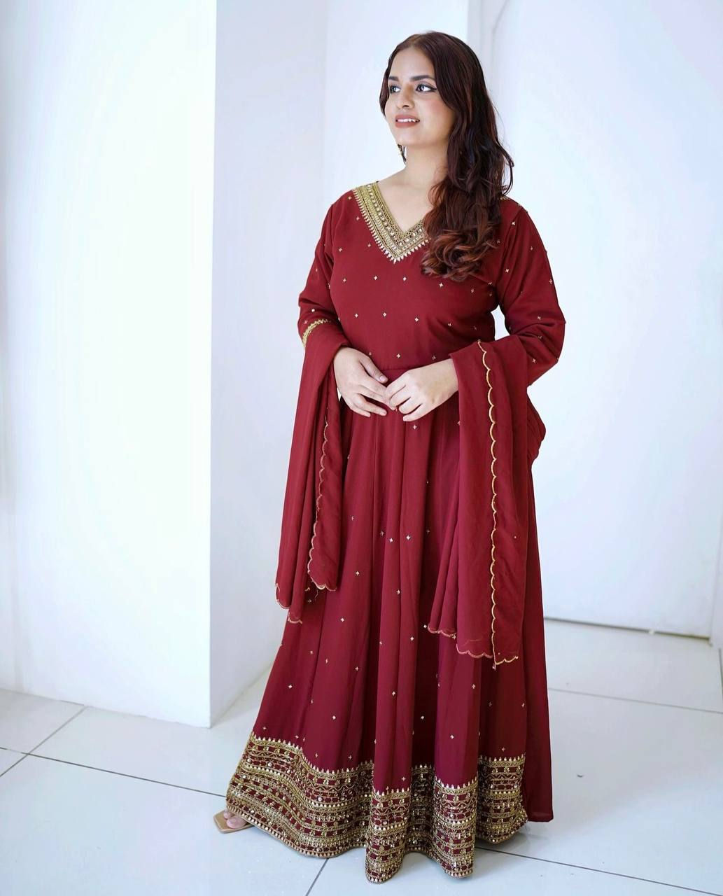 Gorgeous Maroon Colour Foux Georgette Ruffle Anarkali Gown