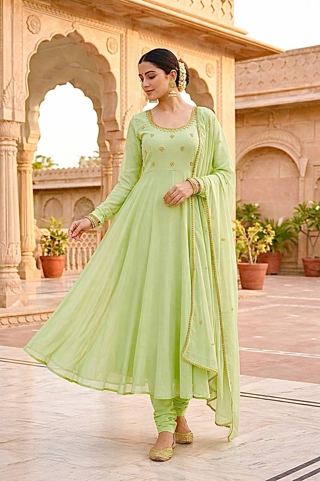 Pista Green Color Georgette With Lace Border Anarkali Suit