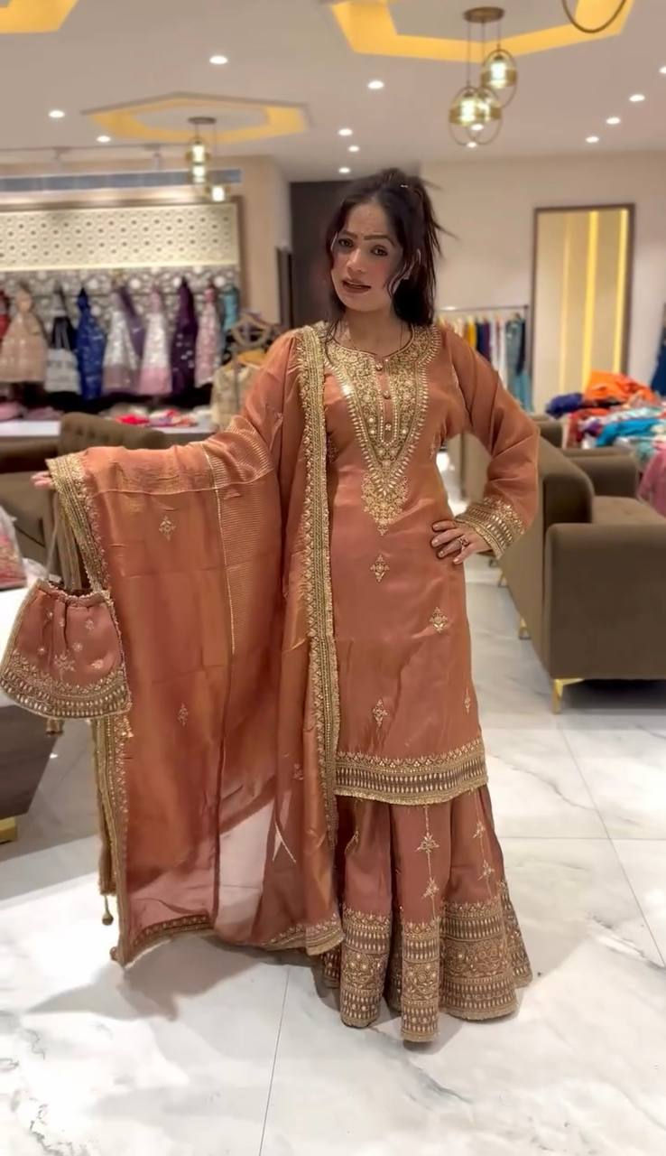 Thumbnail: Pretty Sky Blue Colour Sequence With Embroidery Work Sharara Suit