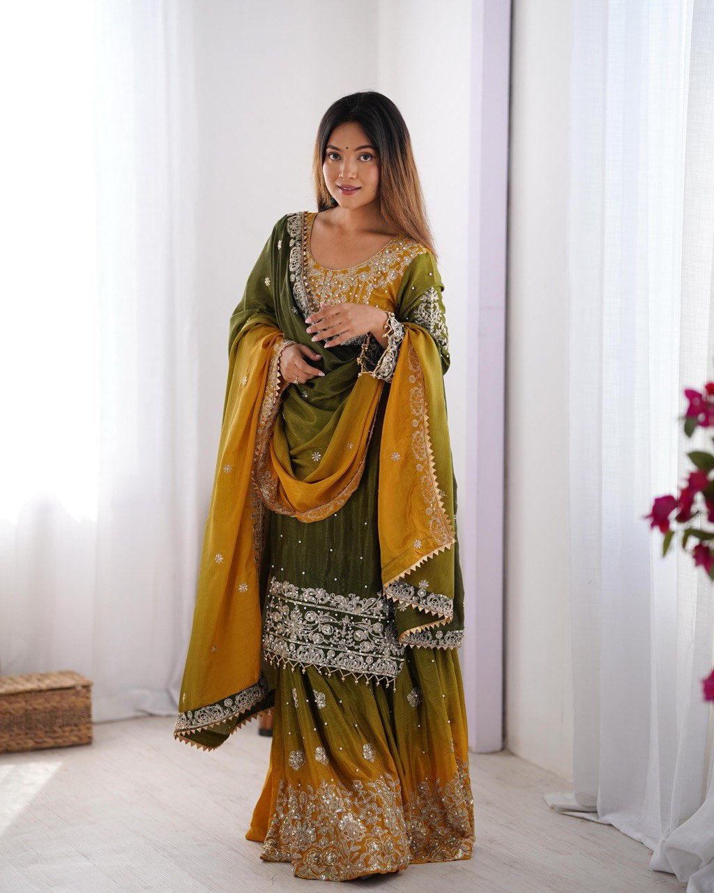 Mehandi Colour Banglori Silk Blouse With Plazo With Dupatta