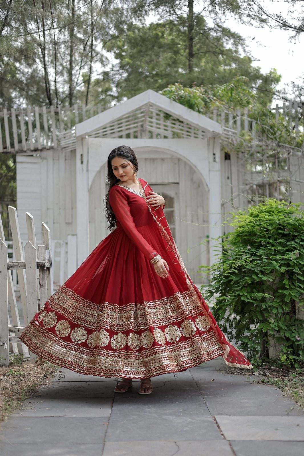 Pritty Red Colour Embroidery With Sequence Work Long Gown