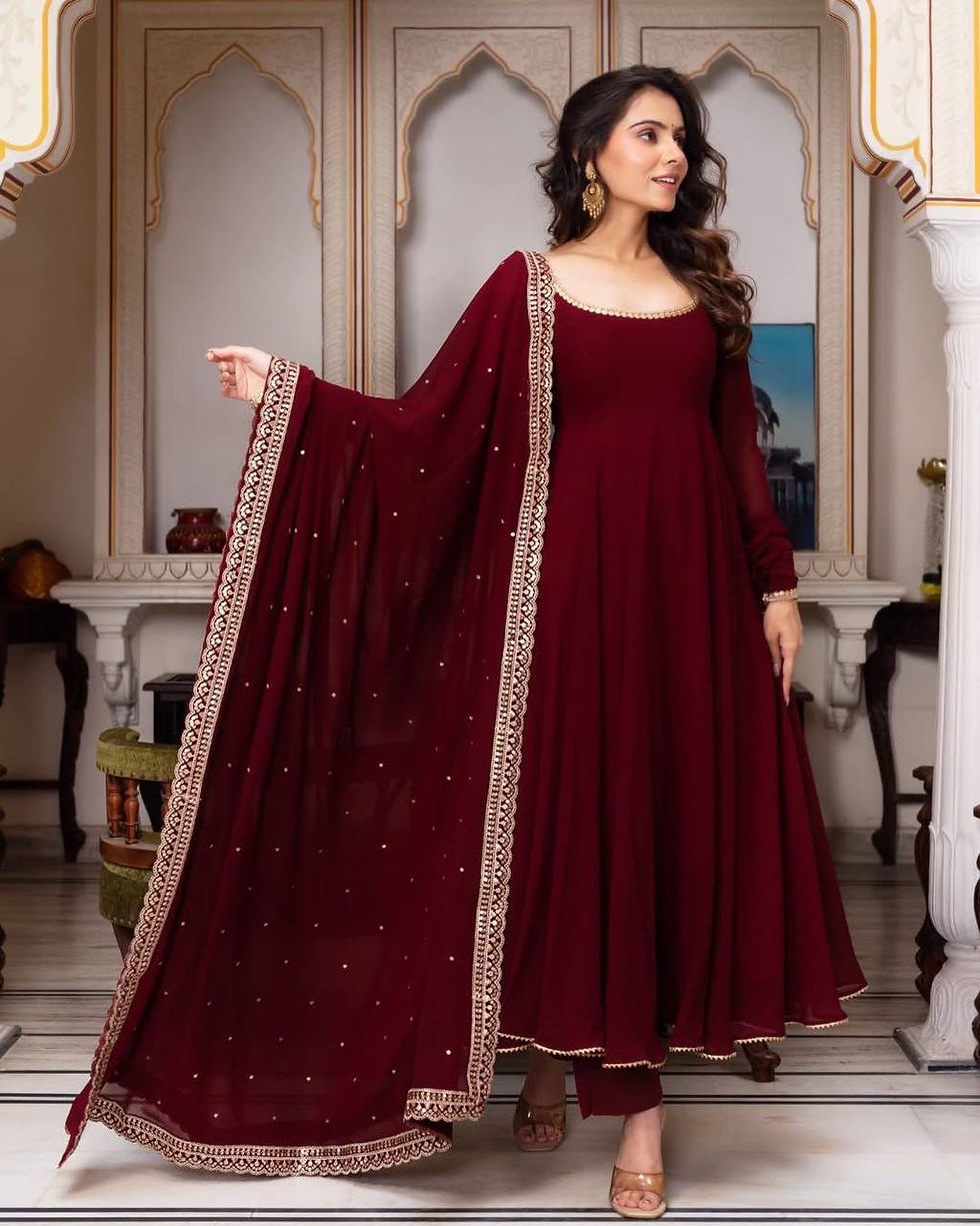 Thumbnail: Designer Maroon Color Gown With Dupatta For Function