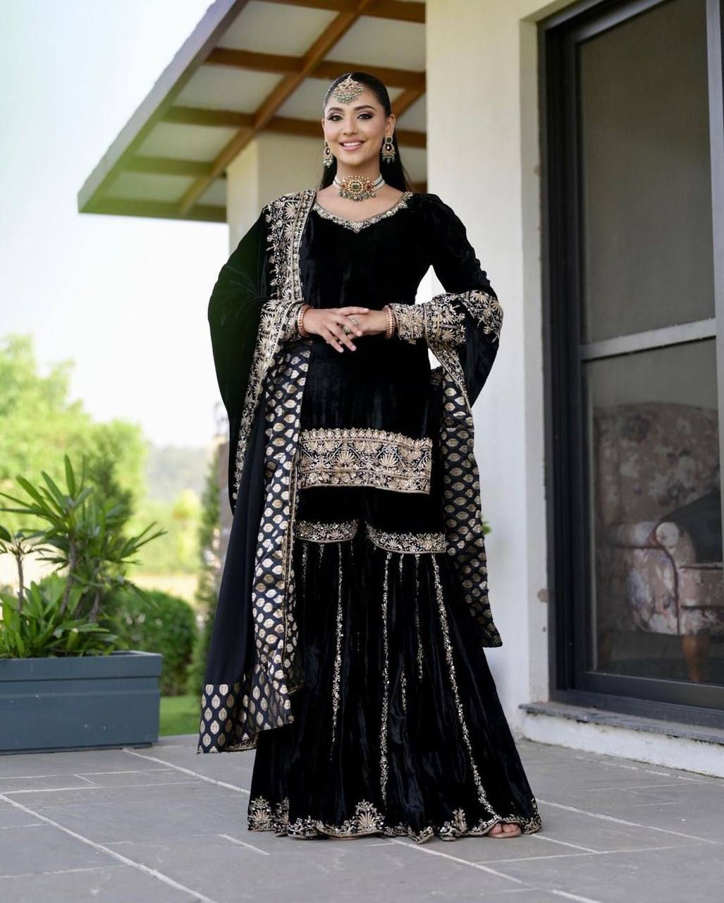 Attractive Black Colour Embroidery With Sequence Work Sharara Suit