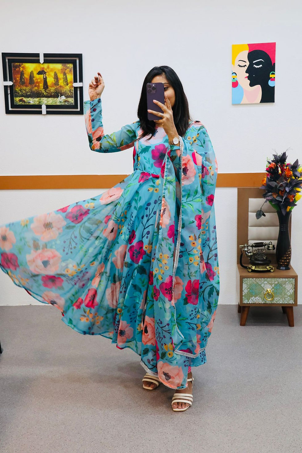 Thumbnail: Classic Sky Blue Colour Organza With Digital Printed Gown