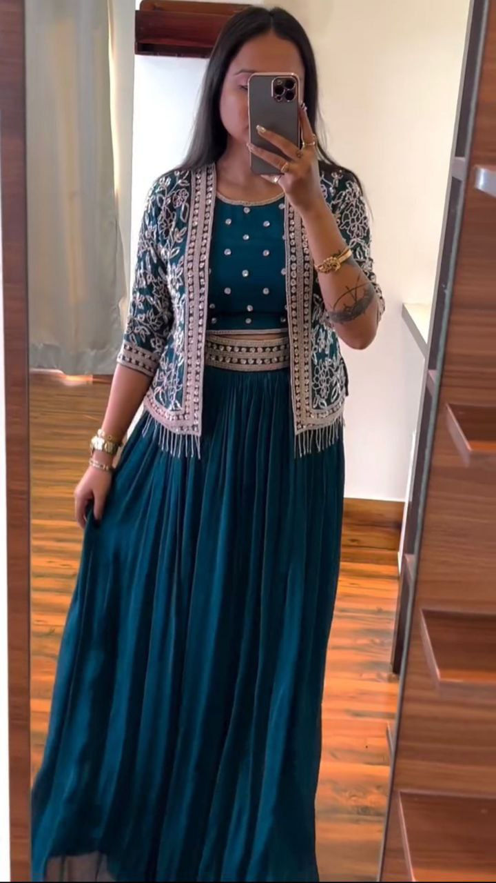 Designer Firozi Crop Top Lehenga With Koti