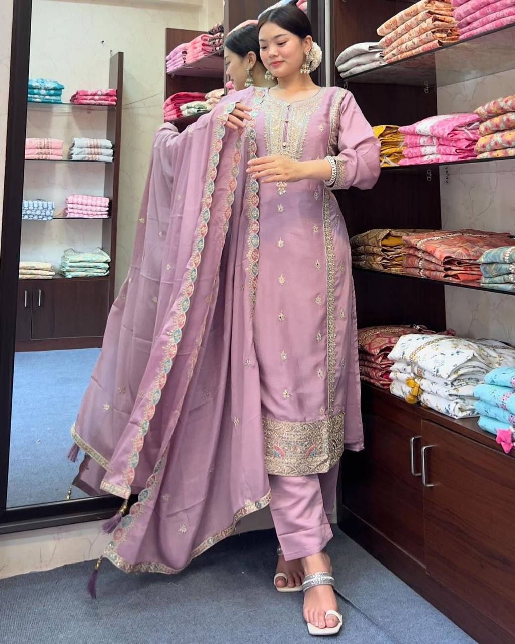 Adorable Onion Pink Colour Chinon Silk With Sequence Embroidery Work Suit