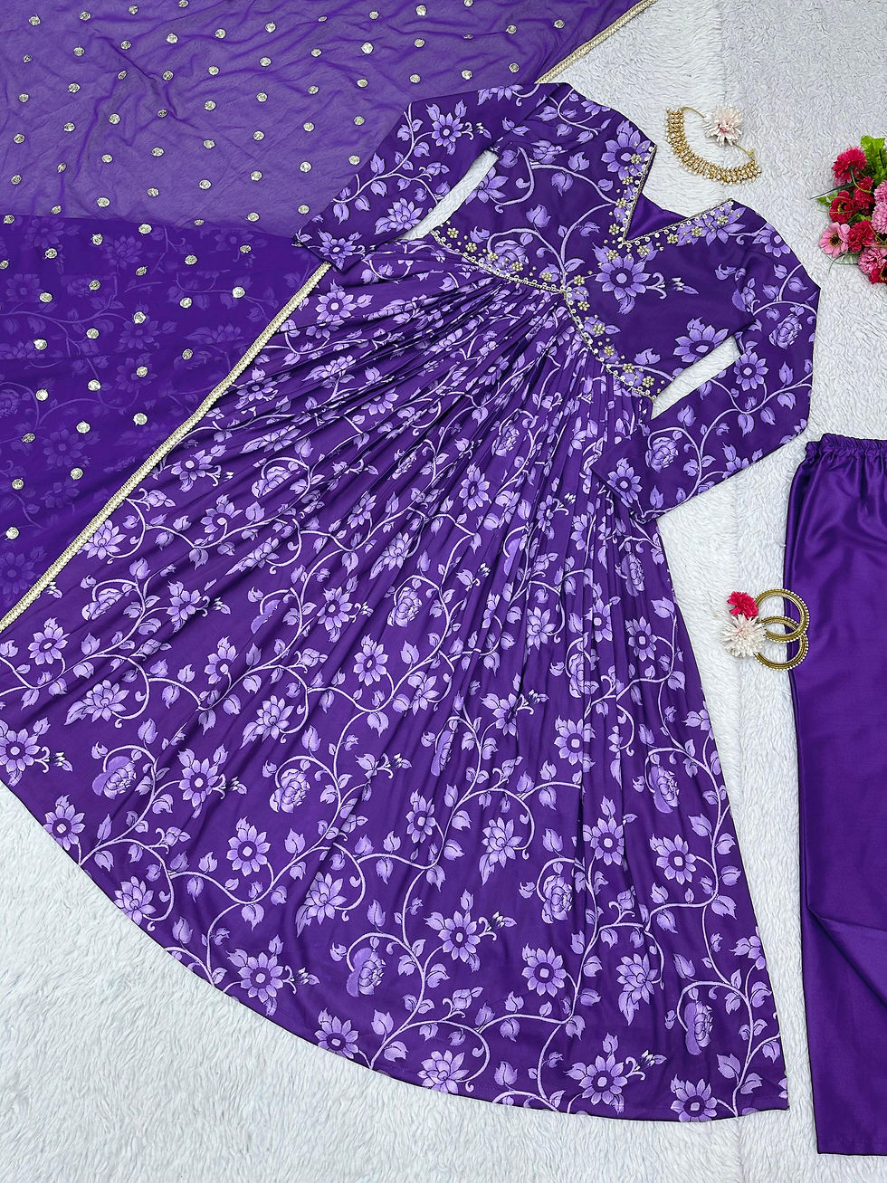 Thumbnail: Designer Lavender Colour Foux Georgette Alia Cut Suit For Women