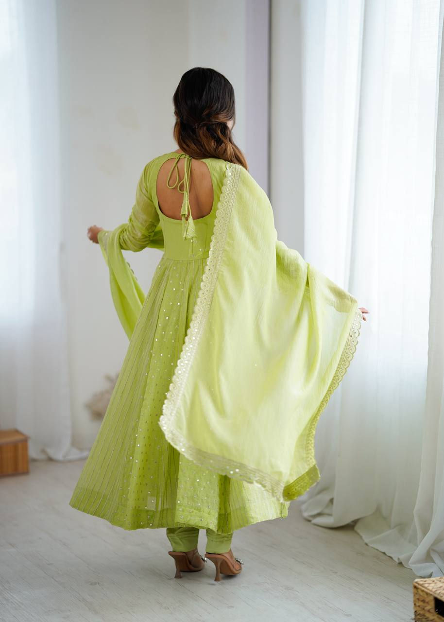 Parrot Green Color Crunchy Silk Anarkali Suit