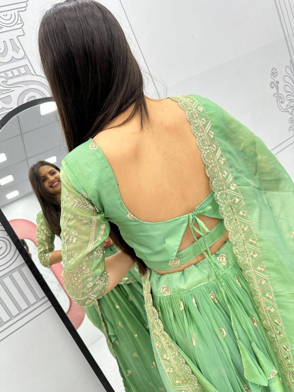 Thumbnail: Beautiful Green Colour Georgette With Sequence Work Wedding Wear Lehenga