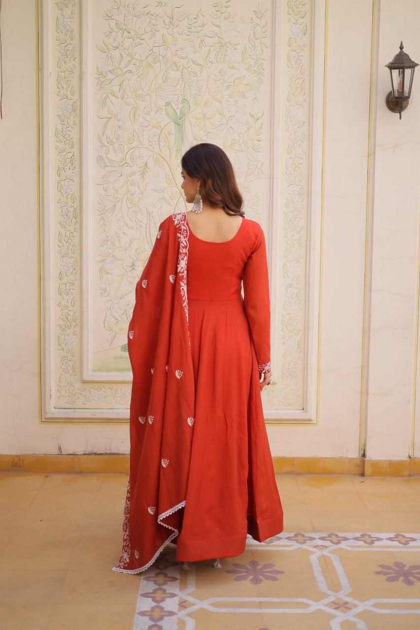Thumbnail: Beautiful Orange Color silk Sequence Work Long Anarkali Gown