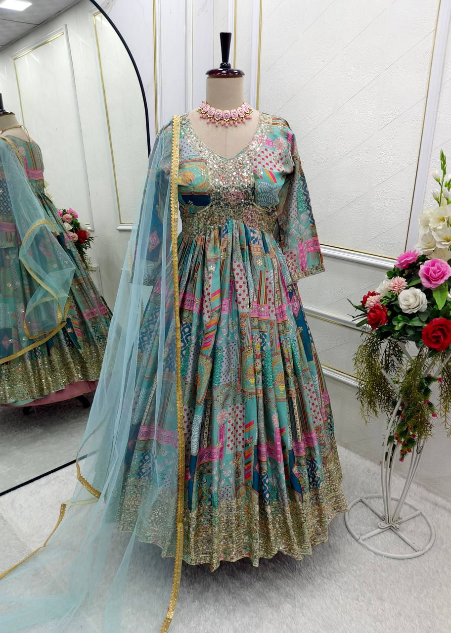 Designer Sky Blue Colour Maslin Silk Digital Printed Long Dress