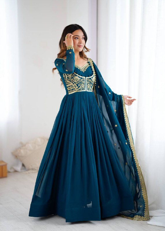 Thumbnail: Designer Rama Color Fully Flair Gown With Dupatta For Function
