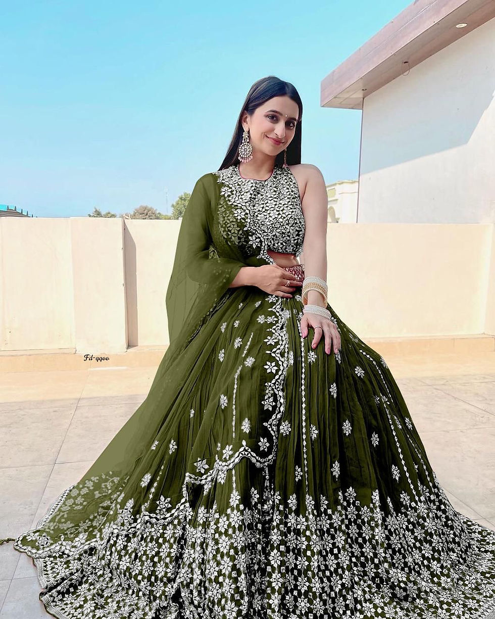 Amazing Mehandi Colour Embroidery With Sequence Work Lehenga Choli