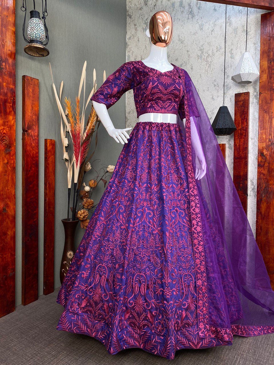 Purple Colour Taffeta Silk With Embroidery And Stone Work Wedding Wear Lehenga
