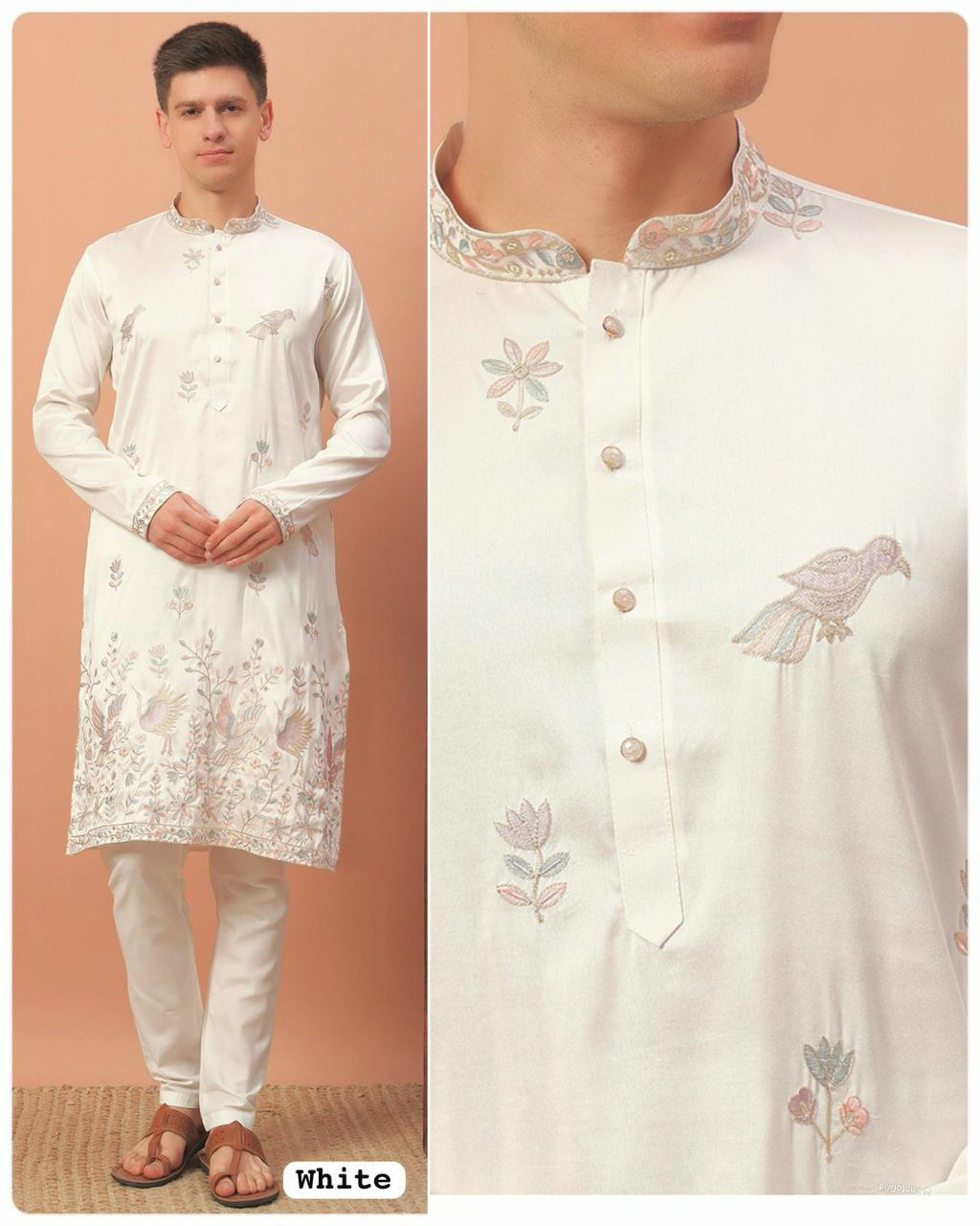 Premium Silk With Embroidery Work Cream Color Men's Kurta And Pajama