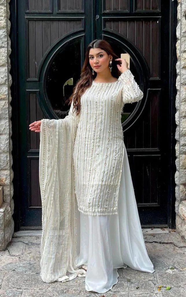 Thumbnail: White Faux Georgette With Sequence Work Plazo Suit
