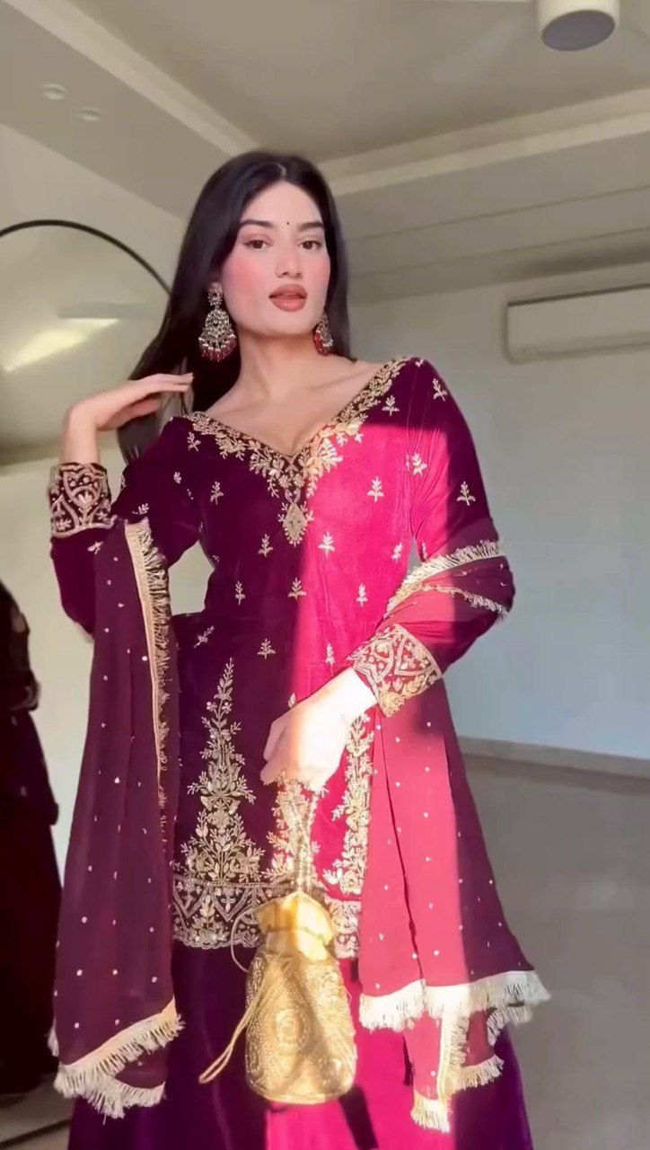 Pretty Wine Colour Foux Gorgette Thread With Heavy Sequence Work Plazzo Suit