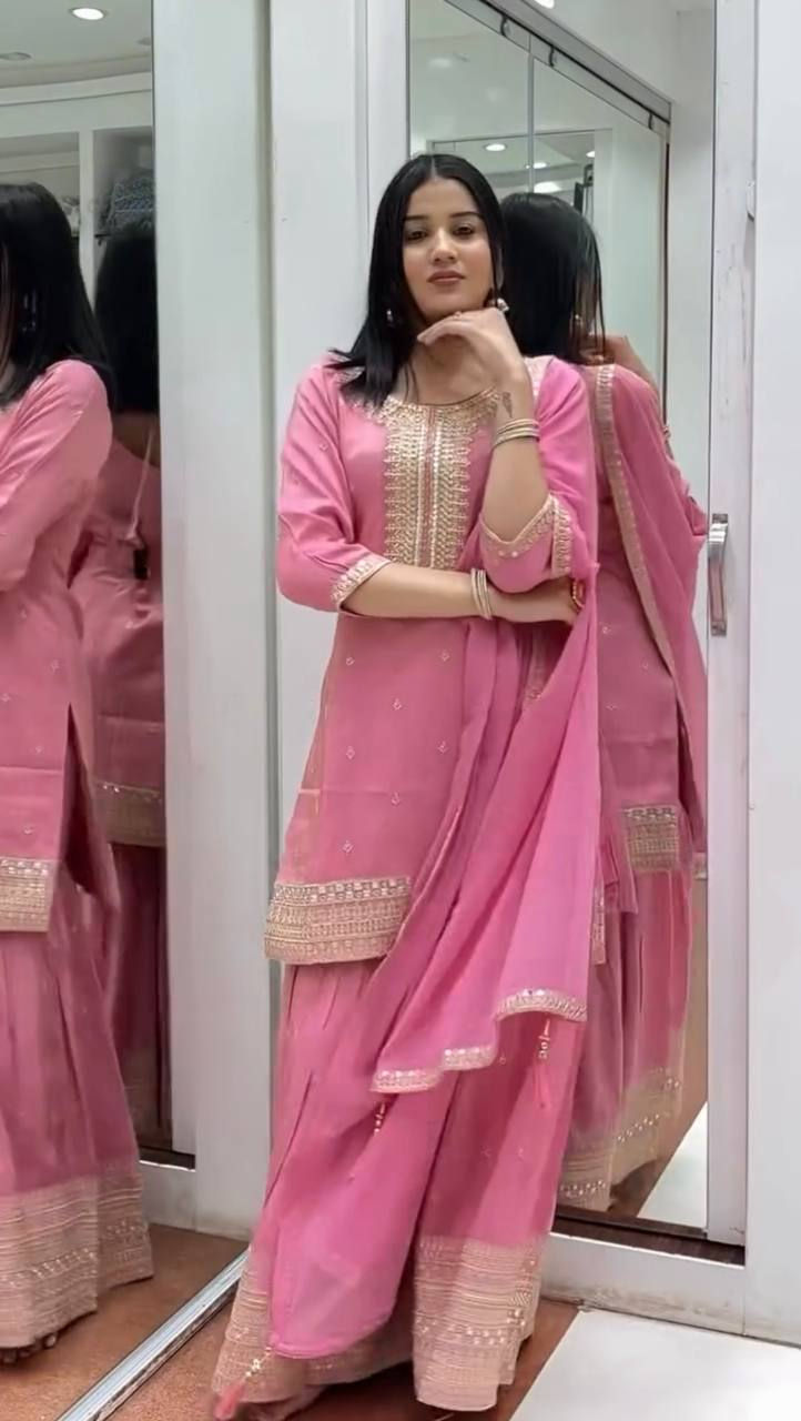 Thumbnail: Heavy Thread With Sequence Work Pink Color Plazo Suit With Dupatta