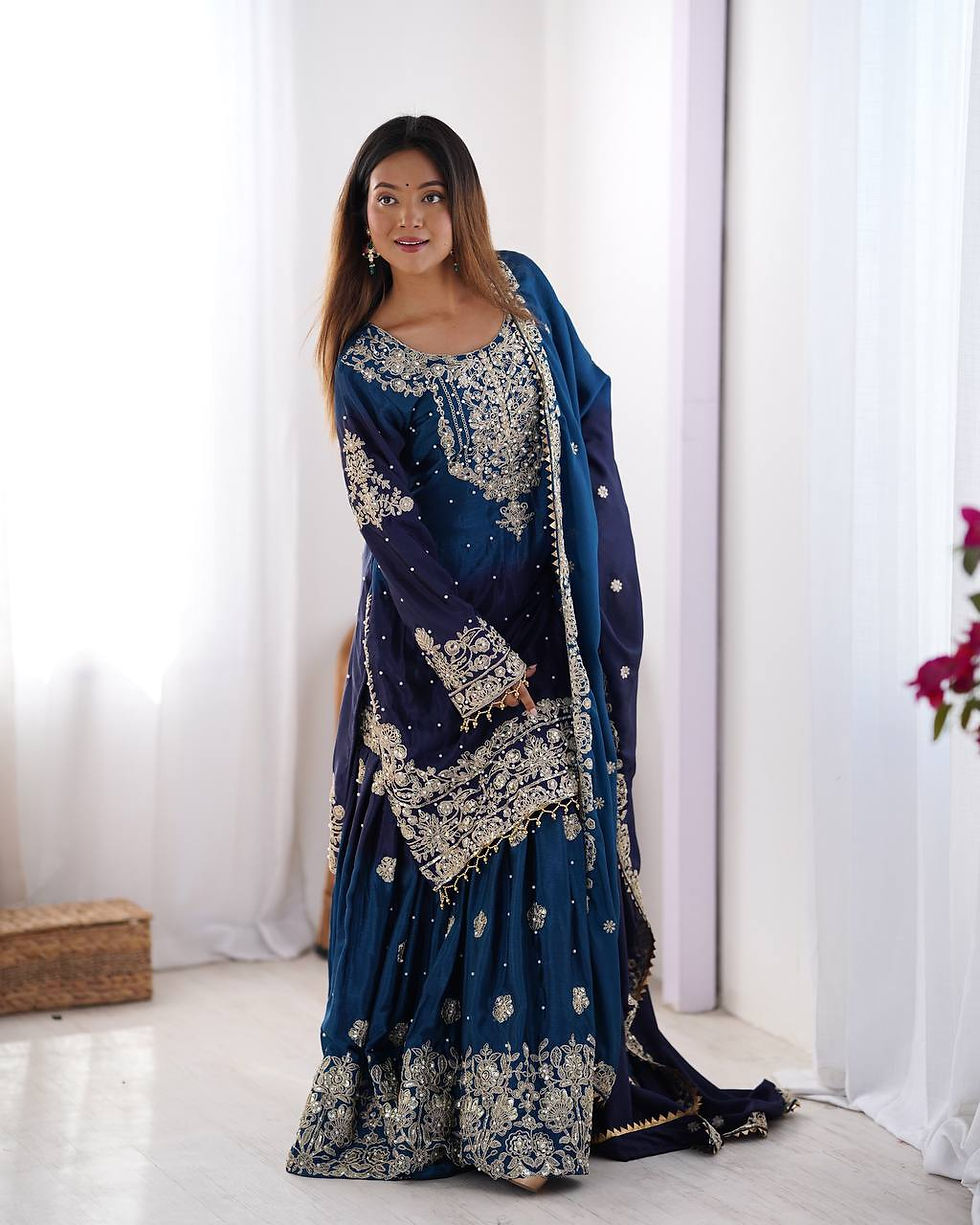 Navy Blue Color Chinon Silk With Rivet Moti Work Sharara Suit For Women