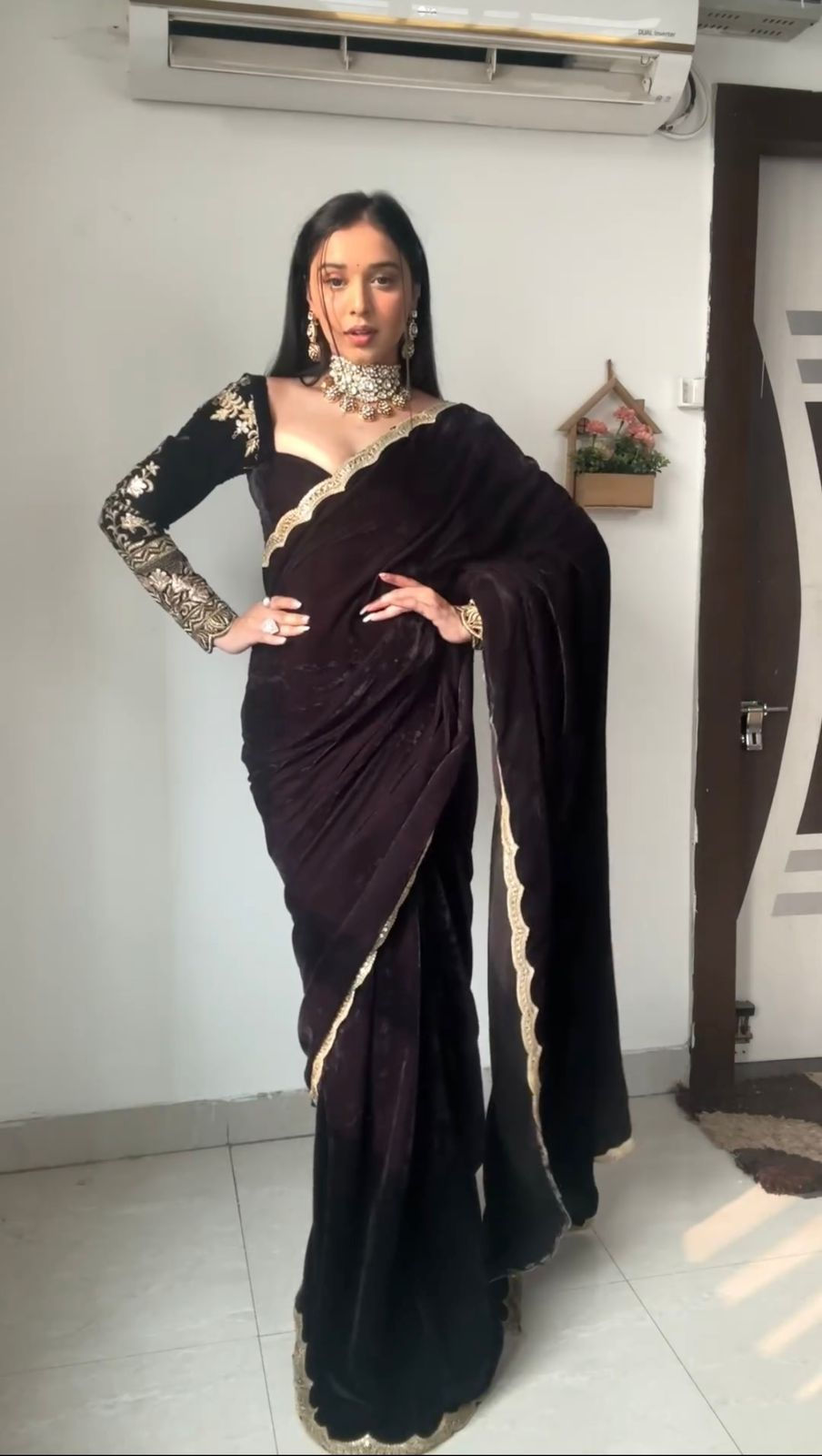 Attractive Black Colour Velvet With Heavy Embroidery Work Wedding Wear Saree
