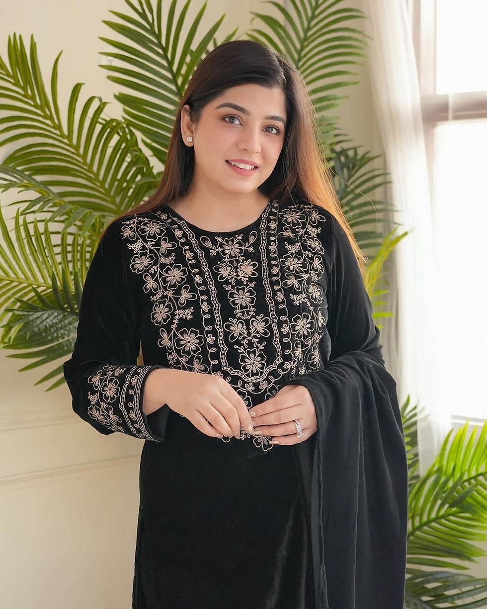 Thumbnail: Designer Black Colour Velvet With Heavy Embroidery Work Suit