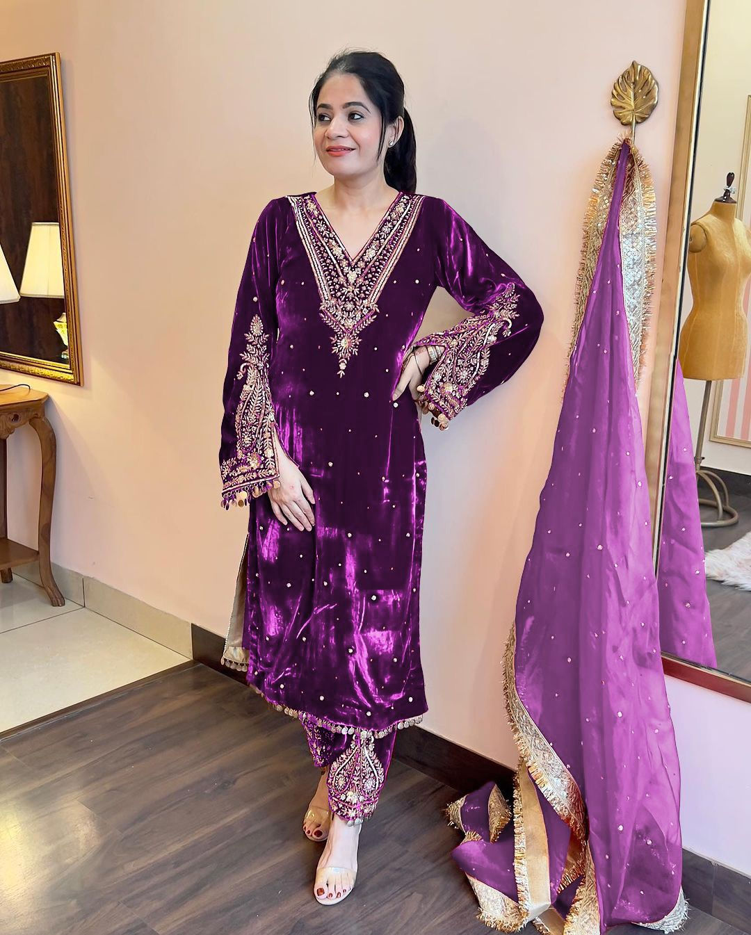 Purple Colour Function Wear Embroidery Work Suit