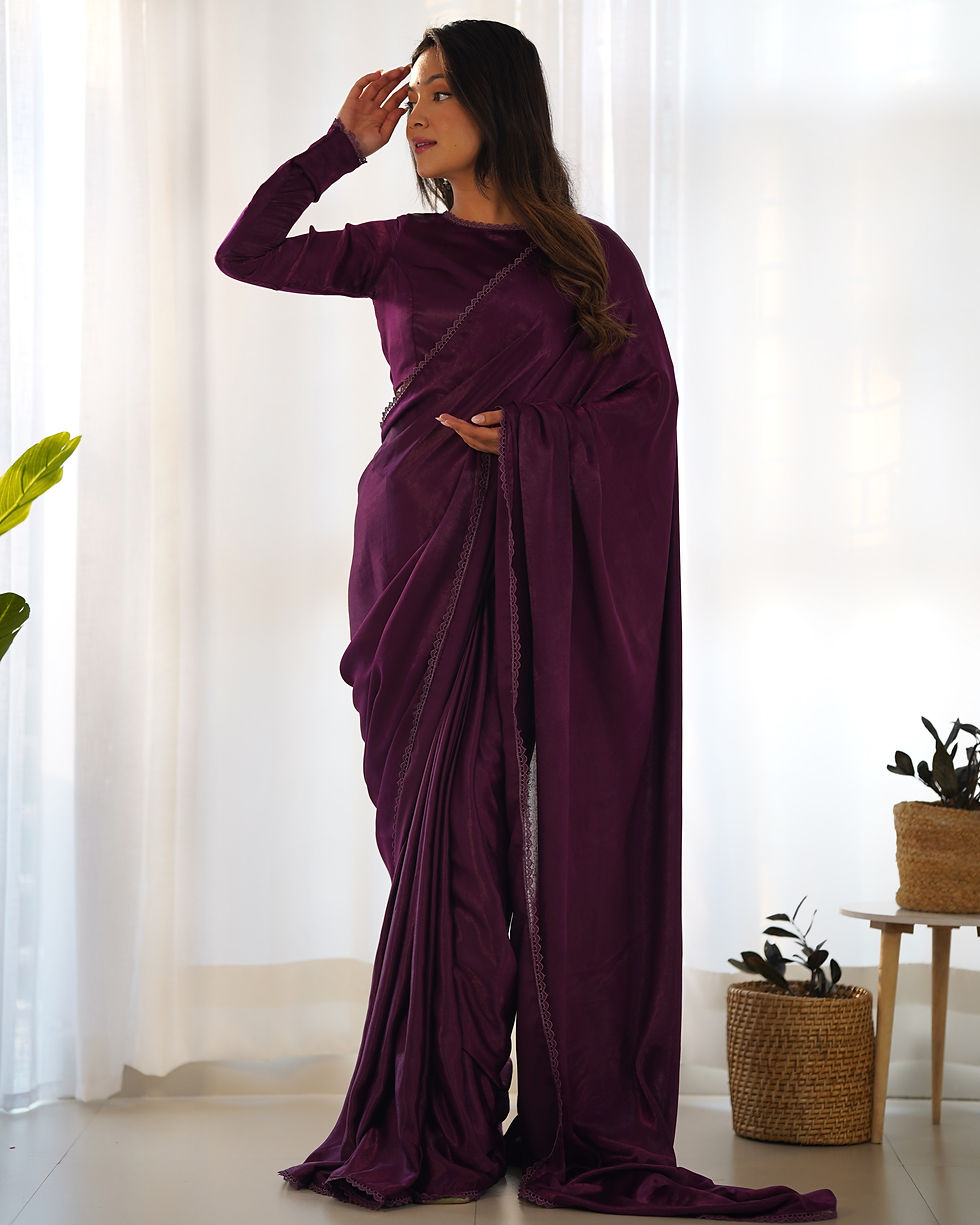 Thumbnail: Women's Wine Color Velvet With Lace Work Ready To Wear Saree
