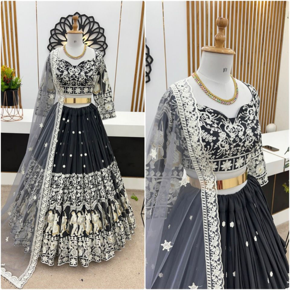 Designer Black Colour Heavy Embroidery Work Weddig Wear lehenga Choli